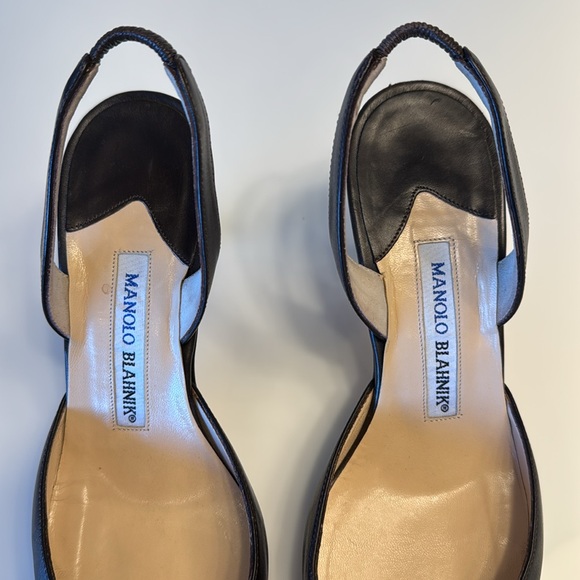 Manolo Blahnik Carolyne Black Leather Sling Back Pointed Toe Heels Pumps 37 US 7 - Picture 4 of 10